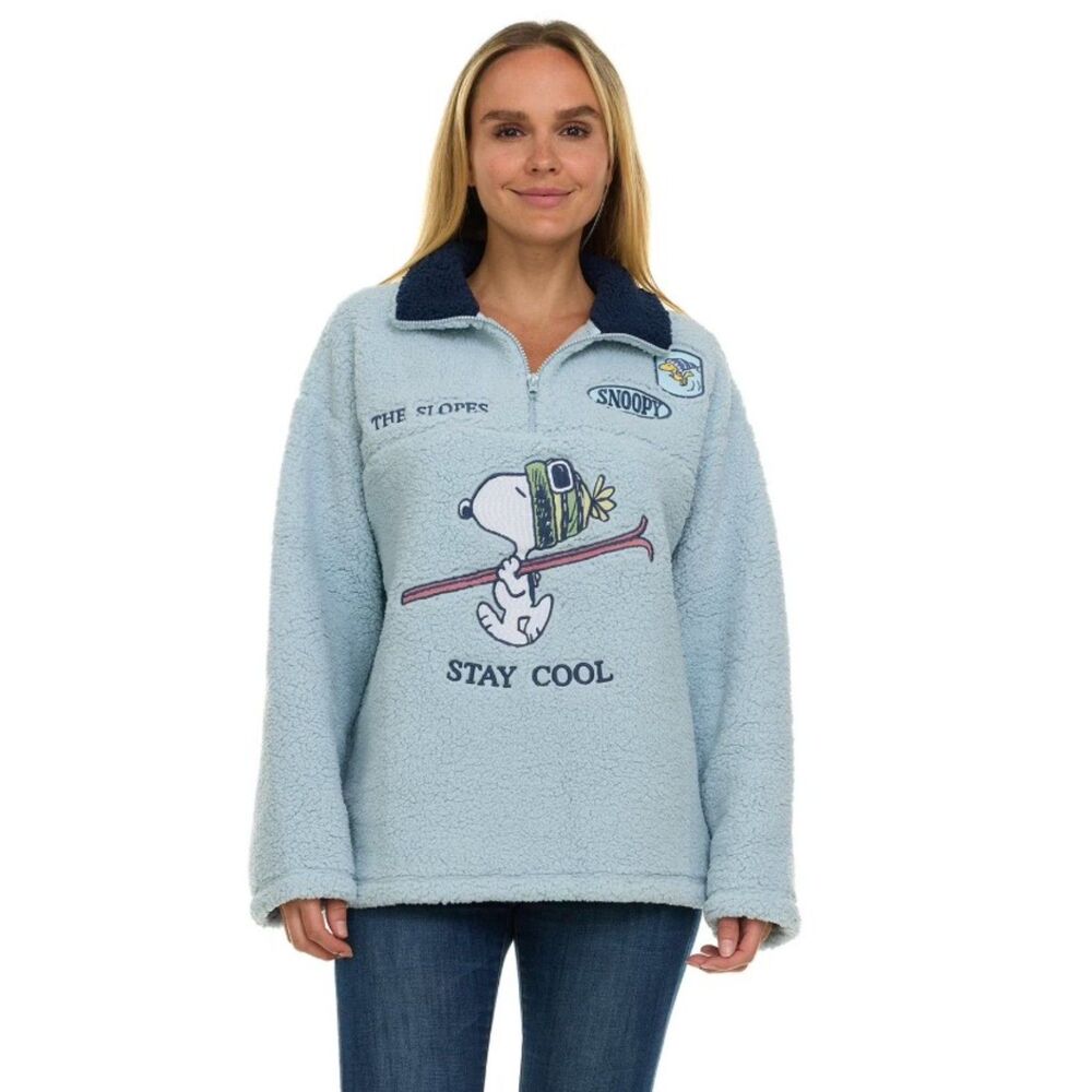 NEW Blue Sz Large Embroidered SNOOPY Soft Sherpa Fleece Cozy Sweater PEANUTS